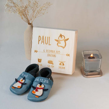 Geschenkset Geburt mit Holzbox Pinguin "Piet"