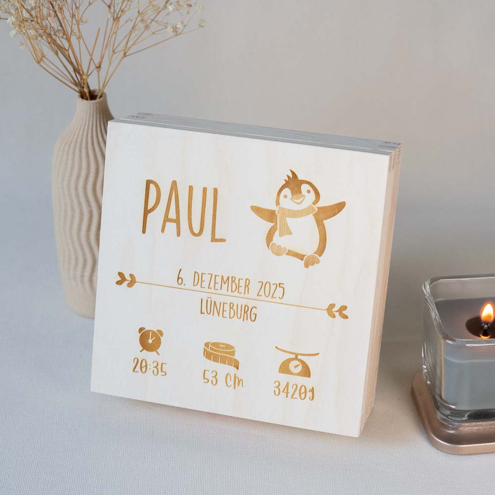 Geschenkset Geburt mit Holzbox Pinguin "Piet"